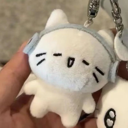 Cute Headphones Kitten Couple Keychain Mini Crying Cat Doll Plush Keyring Cartoon Bag Pendant Charms Backpack Decoration A19