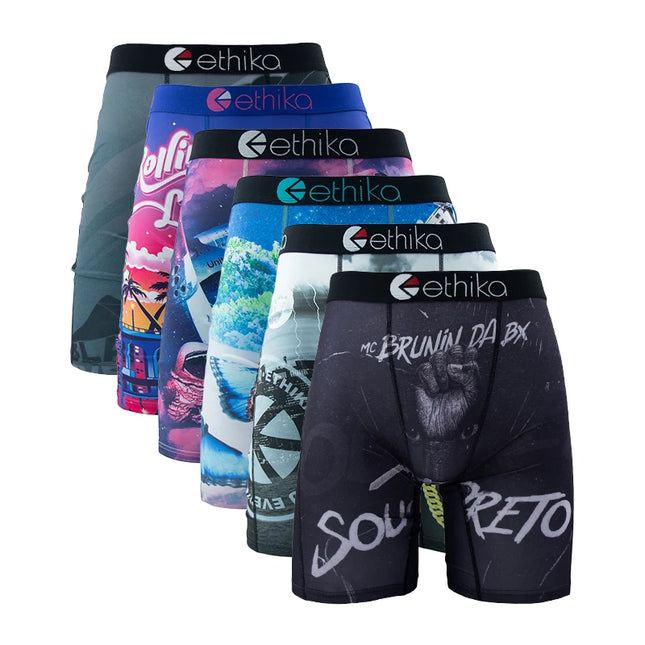 ETHIKA 6Pcs Men Underwear Boxer Breathable Mesh Crotch Man Underpants Plus Size Print Mens Panties Trunks Sexy Men's Boxershorts