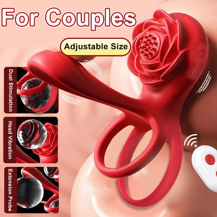 Remote Control Vibrating Cock Ring Penis Sleeve with Rose Clitoral Stimulator Penis Ring Vibrator Adult Sex Toys for Men Women