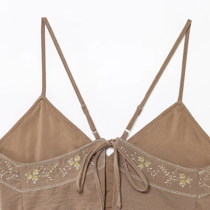 HH Women's Summer Sexy Sling Tops Light Brown V-Neck Sleeveless Embroidery Lace-Up Decoration Fashion Short Tops