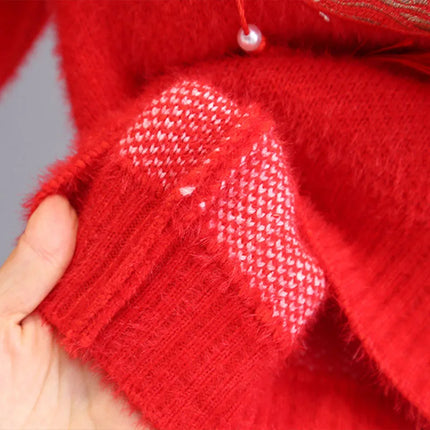 Red Chinese Dragon Sweater for Girls Traditional Tassel Design Fluffy Flocking Knitted Clothes New Warm Little Girl Tops GY12161