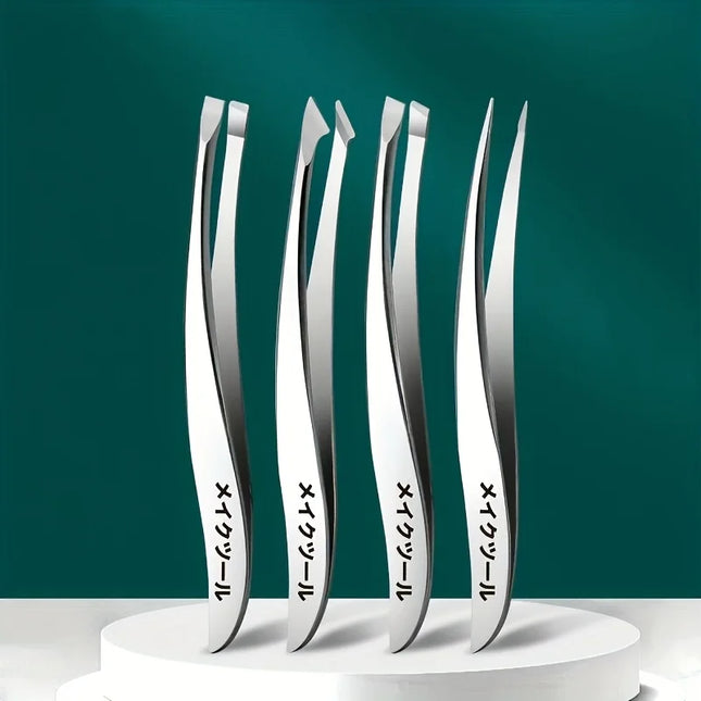 4-Piece Precision Stainless Steel Tweezers Set - Eyebrow, Nose & Facial Hair Removal, Fragrance-Free, Glossy Finish