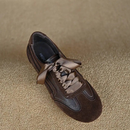 Suede Retro Lace Up Casual Flat Shoes Women Comfort Shallow Autumn Footwear Female Brown Genuine Leather Ballet Sneakers Women