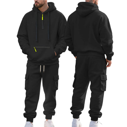 New Autumn And Winter Men's Fleece Hooded Sweatshirt, Workwear, Long Pants Set, Sports and Leisure Multi Pocket 2-Piece Set