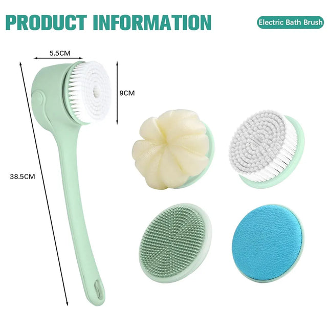 Electric Body Brush with 4 Heads, Back Scrubber for Shower, Waterproof Long Dual Handle Power Body Scrubber, Bath Brush for Clean