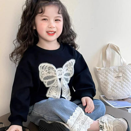 Toddler Baby Girl Big Lace Bow Sweatshirt Casual Infant Cotton Loose Dot Pullover Children Round Neck Long Sleeve Top Clothes