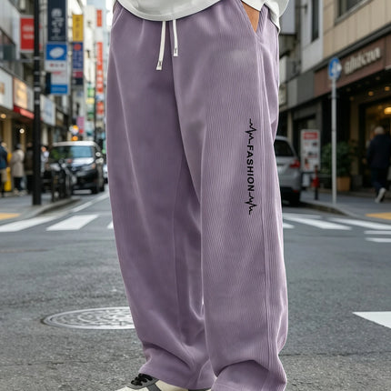 Men's corduroy wide leg pants with elastic drawstring, loose straight leg pants, fashionable letter printed streetwear,   S-4XL