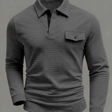 Spring Autumn Men's Classic Polo Shirt - Everyday Casual Design with Chessboard Pattern Patch Pockets on the Collar and Long Sleeves