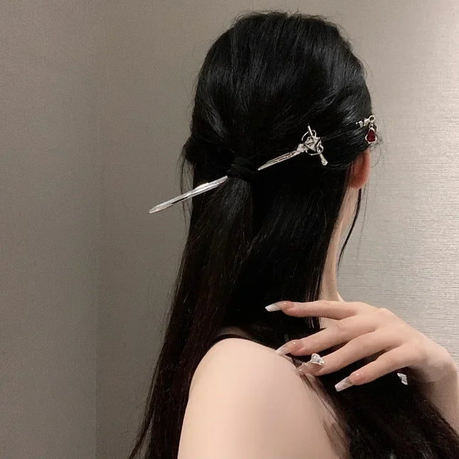 Black Silver Color Imperial Sword Metal Style Hair Sticks for Women Vintage Ruby Ponytail Girls Updo Pins Hairstyle Accessories