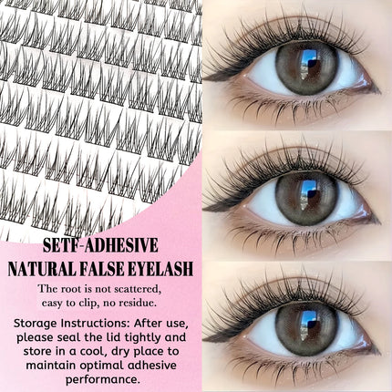 110PCS Self-Adhesive Eyelashes Triple Fish Tail Style Extremely Fine Black Stem False Lashes Clear Transparent Natural Look