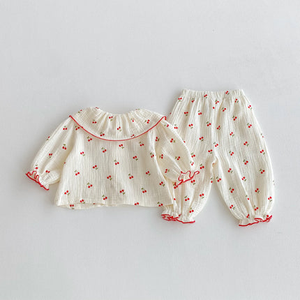 Little Cherry, a full-print long-sleeved set with a large lapel, sweet and casual long pants