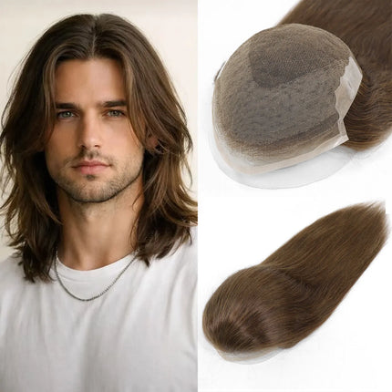 Natural Black Long Men's Hairpiece Human Hair Toupee For Men Breathable Lace PU Men's Capillary Replacement Hair System For Man