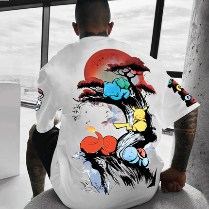 Pokémon Japan Anime Peripheral Printed Short Sleeve T-Shirt 2025 Pikachu Mewtwo Summer Men's and Women's Loose Sports Top ins