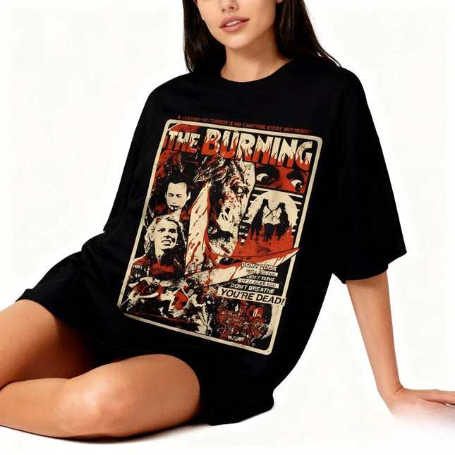 Men's horror movie pattern T-shirt "Burning" retro poster design style pure cotton T-shirt four season streetwear top  tshirt