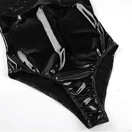 Women Sexy Lace Faux Leather Catsuit Latex Bodysuit Patchwork High Cut Bodysuit Clubwear Fetish Hot Erotic Pole Dance Lingerie
