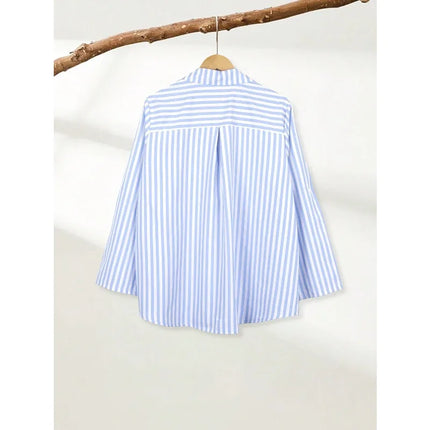 Plus Size Women's Fashionable Striped Button up Blouse Shirt Ladies Casual  Long Sleeve Shirt Tops