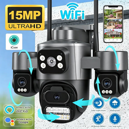 15MP ICSEE Protocol Security Camera 3-HD Screens Auto Tracking Color Night Vision 2-Way Audio Outdoor WiFi CCTV Cam