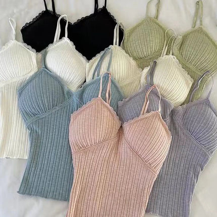 Pure Desire Lace Trim Camisole Tank Top with Chest Pad Summer Slimming Inner Wear Outerwear Beautiful Ba Boting Underwear