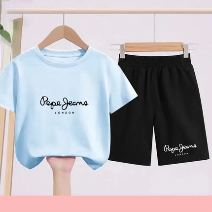 Children's Sportswear Set - White T-shirt + Shorts - Personalized Letter T-shirt Suitable for Boys and Girls Aged 3 to 13