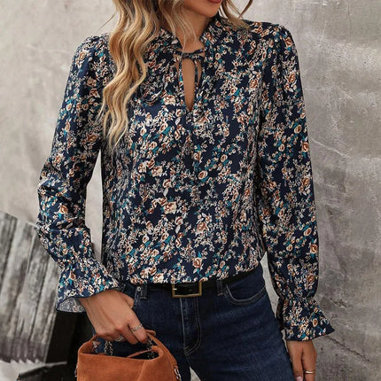 Plus Size Women's Shirt, Flower Print V-Neck with Lace-Up Decoration, Long-Sleeved Casual Vacation Top, Loose and Comfortable