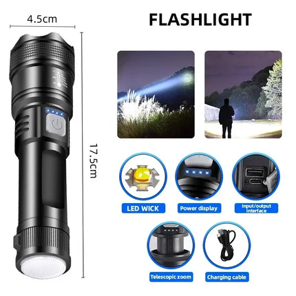 High Power LED Flashlight Long Range Tactical Torch Telescopic Zoom USB Rechargeable Portable Lamp For Outdoor Emergency Fishing