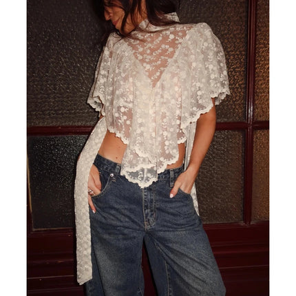 Women Summer Flower Embroidery Lace Sheer T-Shirt Irregular Triangle Ruffled Hem Capes Flutter Sleeves High Neck Top