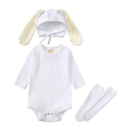 2026 Newborn Baby Rabbit Romper Clothes 3 Pcs Solid Ear Hat Bodysuit Socks Casual Bunny Costume 0-24M Boy Girl Outfits