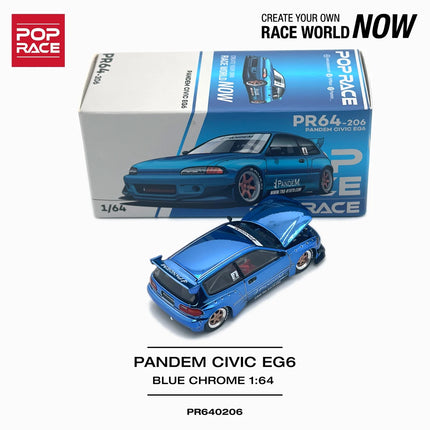 In Stock Pop Race PR640206 1:64 Honda Civic EG6 Pandem Widebody Kit Blue Chrome Diecast Model Car
