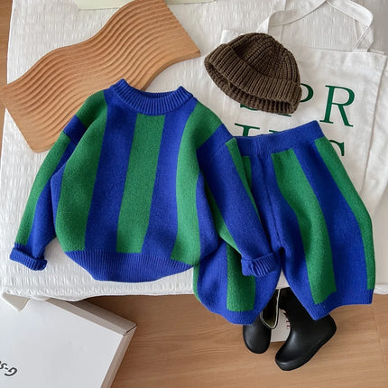 Korean Children's Sweater 2024 Spring New Boys and Girls Foreign Style Striped Knitted Sweater Set Brother and Sister Clothing