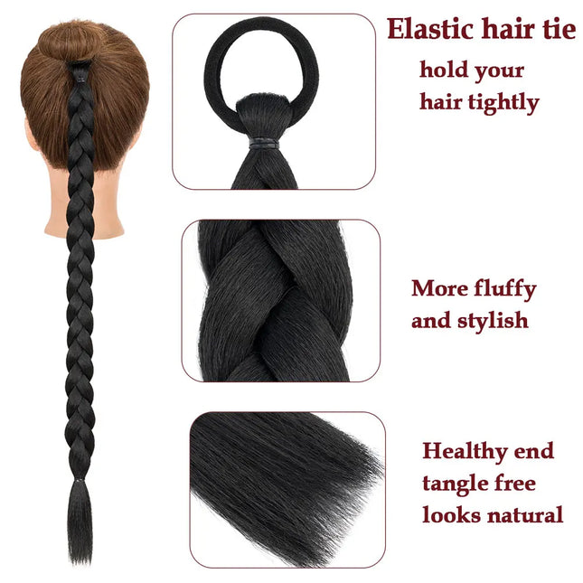 Benehair 24-inch Long Braid Ponytail Extension with Elastic Tie Braid Hair Natural Soft Synthetic Hairpieces for Women Daily Wear