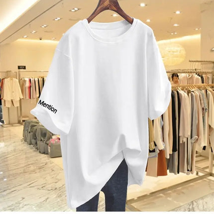 Women Clothing Fashion Solid Letter Print Short Sleeve T-shirt Summer Pure Cotton O-neck Basic Versatile Top Tee Loose Pullovers
