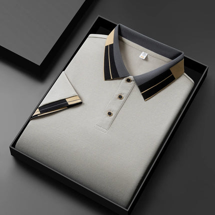 2025 New Men's Collar Polo Shirt Short Sleeved Sweat Absorbing Polo Tops, Luxury Jacquard Breathable Contrast Color T-shirt