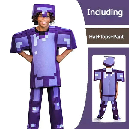 Kids Cosplay Diamond Armor Game Character Steve Cosplay Costumes 3 Pieces Set Blue Outfits Dress Up Set for Halloween Suit