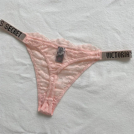 2025 New Satin Letter Rhinestone G-String Women Underwear Sexy Lace Lingerie Low Waist Seamless Panties Panties