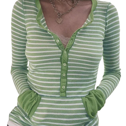 Women Autumn Tops Long Sleeve Button Neck Stripe Knit Shirts Y2K Aesthetic T-shirt 2000s Casual Gothic Grunge Tops