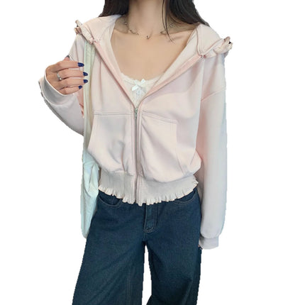 Wooden Edge Collar Long Sleeve Hoodie Jacket Women Fashion Anti-aging Zipper Top Comfortable Casual Style Polyester Fabric