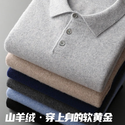 Men's POLO Collar Knitted Pullover Sweater 100% Cashmere Long Sleeved Shirt Casual Business Solid Color Men's Tops Autumn Winter