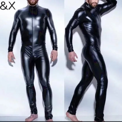 Plus Size S-4XL Sexy Men Catsuit Faux Leather Two Way Long Zipper Crotch Bodysuit Night Club DS Jumpsuit Lingerie Costume