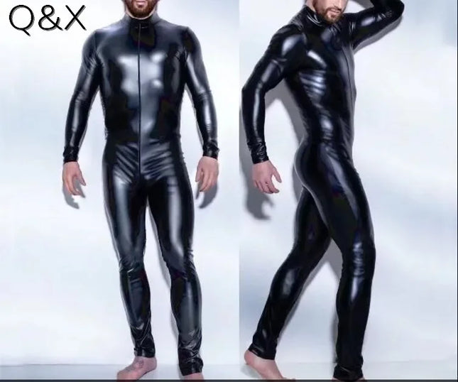 Plus Size S-4XL Sexy Men Catsuit Faux Leather Two-Way Long Zipper Crotch Bodysuit Nightclub DS Jumpsuit Lingerie Costume