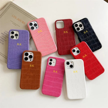 Personalise Customize Name Gold Letter Leather Case For iPhone 13 12 11 14 15 16 17 Pro XS Max XR 8 Plus Luxury Crocodile Cover