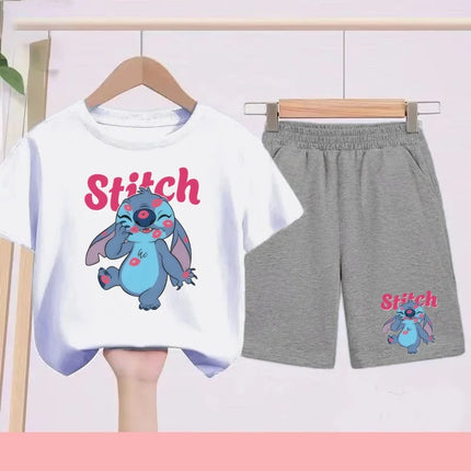 Disney Casual Children's Fashion Set T-shirt+ Shorts 2 Piece Stitch  Print  Boys Girls 3-12 Years Sports Coat Trend Party Sets