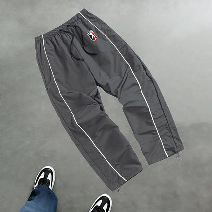 High Street Style Printed Color Blocked Drawstring Trousers Wide Leg Casual Pants Men's Trendy Straight Leg Athletic Sweatpants