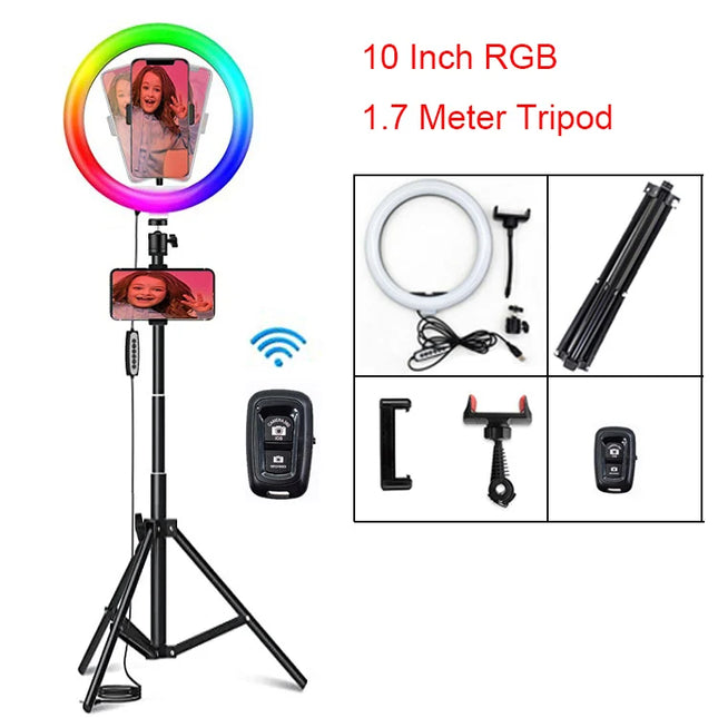 10" Selfie Ring Light, 1.7M 19CM Tripod Stand & Phone Holder, LED Camera Ringlight with RGB Color Modes Dimmable for Makeup/Vlog