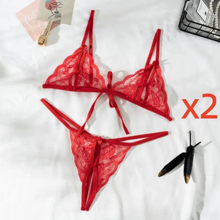 2Pcs/Set Women's Sexy Lace Transparent Lingerie Set Bikini Low-Waisted Thong Pants Dating Pajama Set