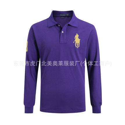 Long Sleeve Pure Cotton Polo Shirt Men's Embroidered Polo Neck T-Shirt Casual Spring Autumn British Style Loose Fit Solid Color
