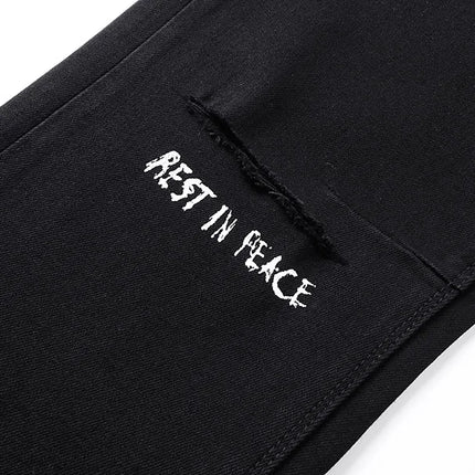 Men's best quality letter printed Slim Fit Skinny Long Black Denim pants long Trousers Jeans Streetwear