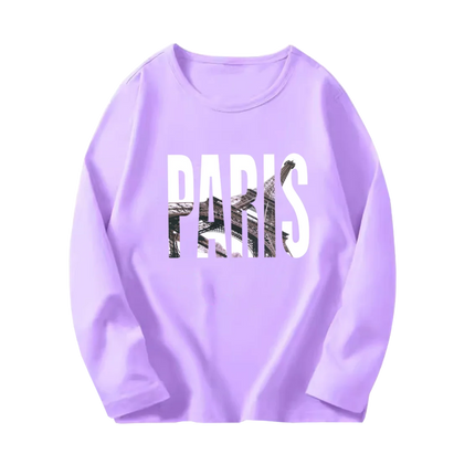 Fashion Paris Eiffel Tower Print T-Shirt Girls Long Sleeve Letter T-shirt Kids Cotton Clothing