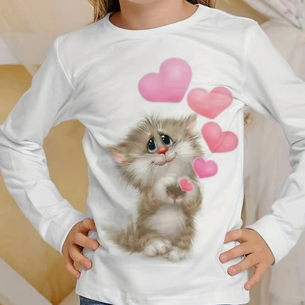 Children's Clothing Girl T-Shirts Long Sleeve Child T Shirt Cartoon Round Neck Cat Print Casual Kids Summer Clothes Girl Top Tee