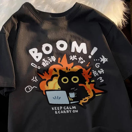 New Kawaii Good Mental State Pure Short Sleeved T-shirt for Men Women Tee Clothes Loose Casual Y2K Cartoon Oversized Tops