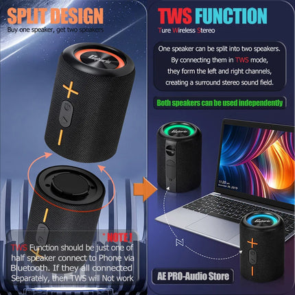 20W Split Bluetooth Speaker TWS Stereo Dual Speaker High Volume Wireless Portable Speaker Outdoor Waterproof Heavy Bass Speaker